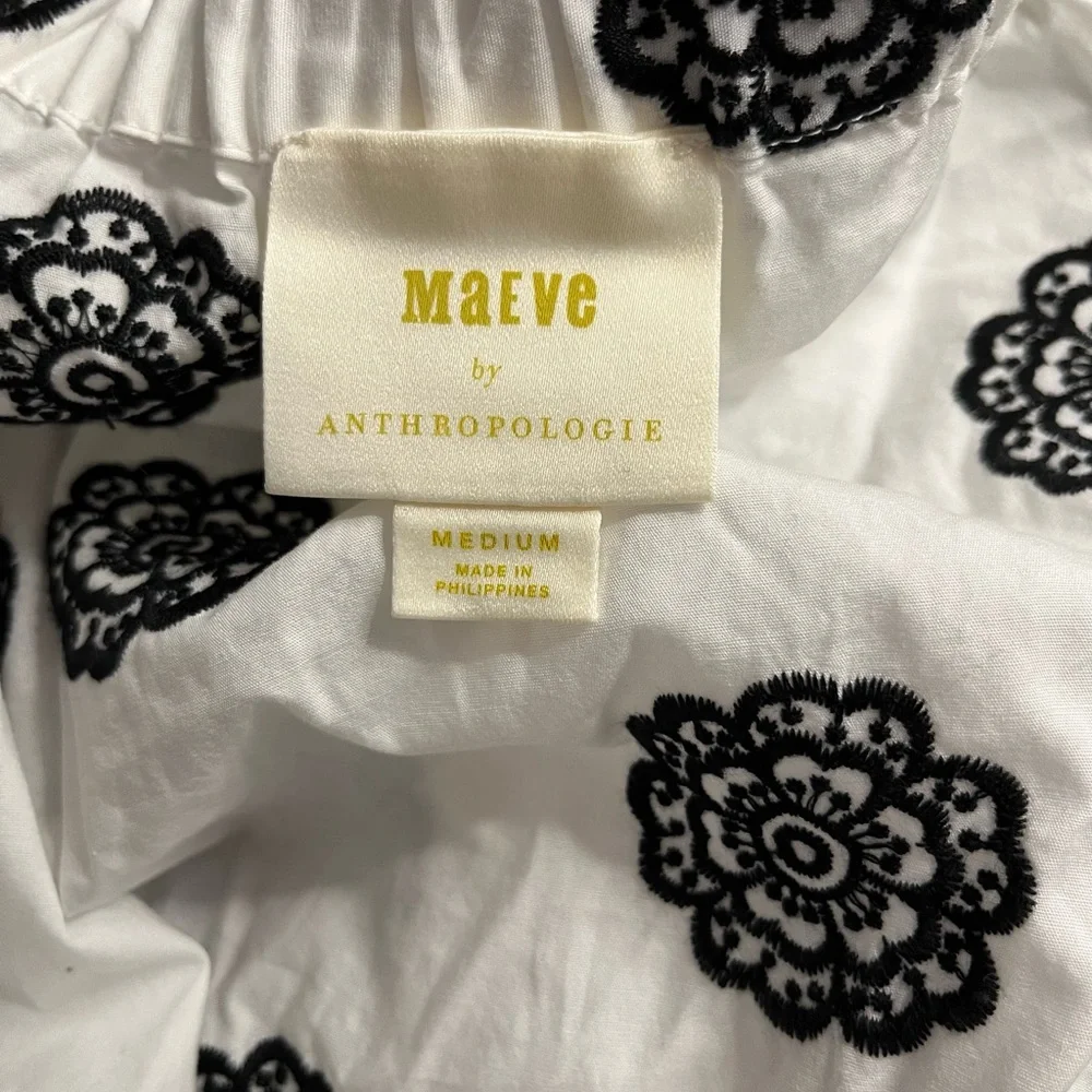Anthropologie Maeve White & Black Puff Sleeve Blouse
